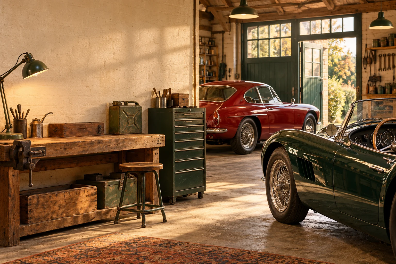 Illustrative classic British sports car in a warm vintage garage